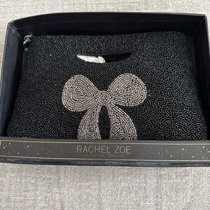 Rachel Zoe Black Beaded Silver Bow Cut Out Handle Clutch With Chain Strap